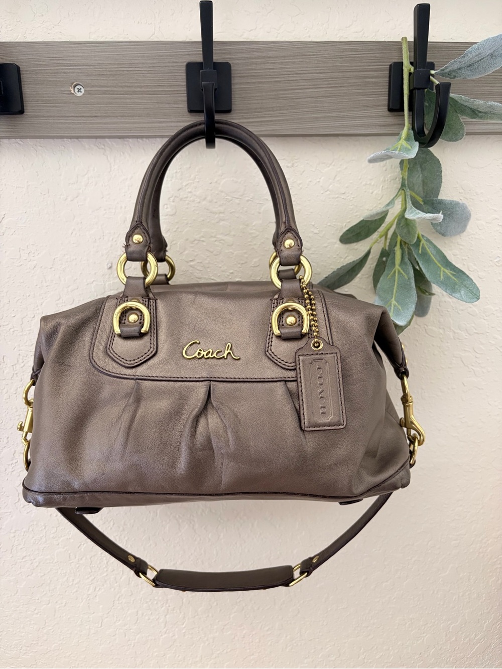 Coach Ashley Metallic Pewter Leather Satchel, Crossbody
